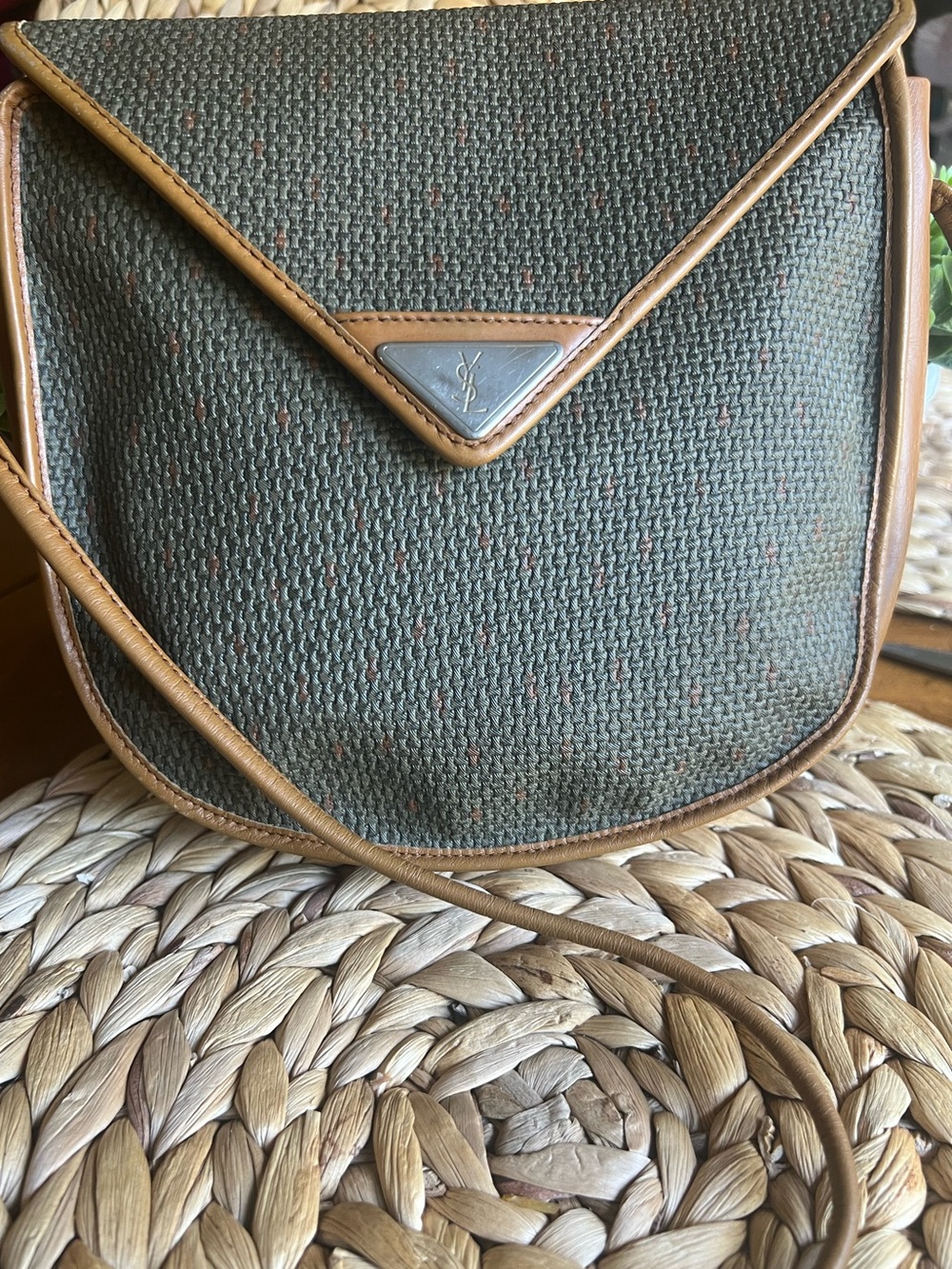 Vintage Yves Saint Laurent Olive Green Woven Crossbody with Tan Trim